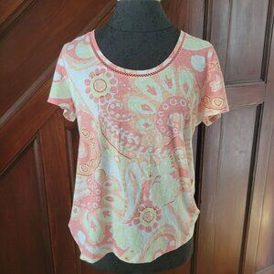 Talbots Womens Paisley Print Short Sleeve Top Lp 100% Cotton